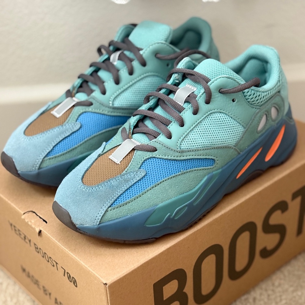 Adidas Yeezy Teal and Blue Sneakers with Orange Highlights Size 7
